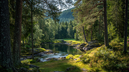 Serene Forest Stream with Sunlight Dappled Rocks