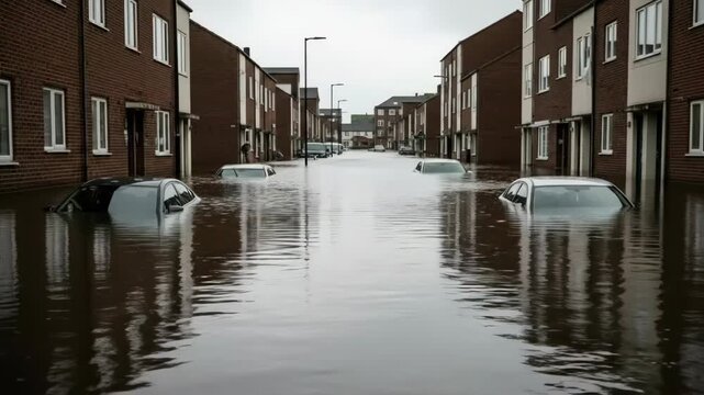 Flooded street with submerged cars and houses from a high vantage point