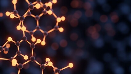 Molecular structure with glowing nodes and dark background scientific research and discovery concept detailed molecular bonds and connections