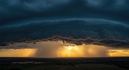 Dramatic thunderstorm with lightning strikes and heavy rain over the horizon