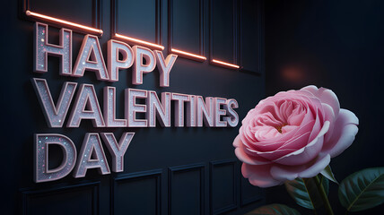 Happy valentine's day with a beautiful pink rose and neon sign