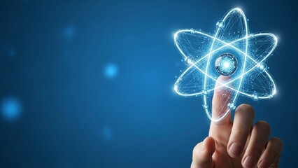 Hand interacting with glowing atom symbol with earth at its center against a blue background with soft lighting