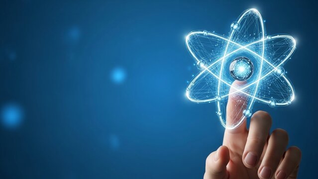 Hand interacting with glowing atom symbol with earth at its center against a blue background with soft lighting - Powered by Adobe