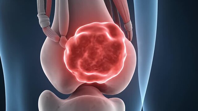 3D Medical Rendering of Knee Joint with Tumor on Blue Background For Use in Medical Visualization of Bone Cancer and