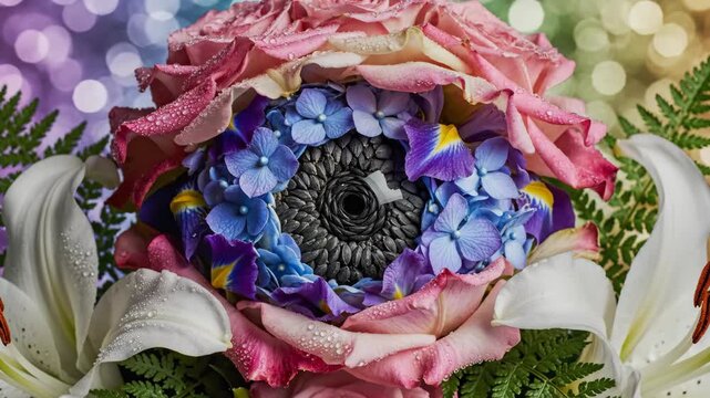 Beautiful Floral Arrangement With Roses Hydrangeas Lilies And Greenery In Soft Bokeh Lighting