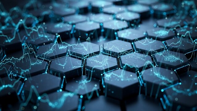 Futuristic hexagonal grid with glowing blue connections and data visualization lines on a dark background representing technology and network concepts - Powered by Adobe