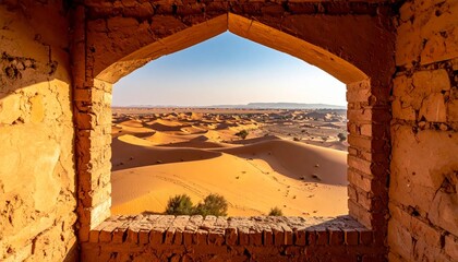 Desert dunes through arched brick window at golden hour.