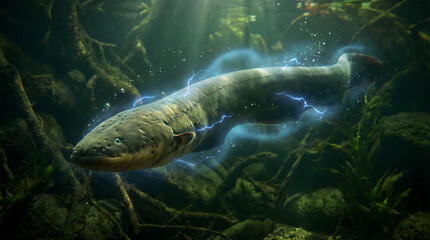 Photorealistic Electric Eel Swimming Underwater Close-Up Full Body