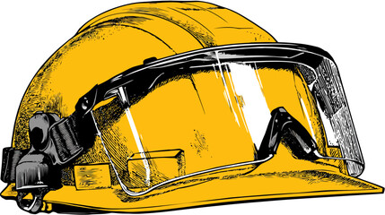 A detailed illustration of a yellow safety helmet with a clear face shield