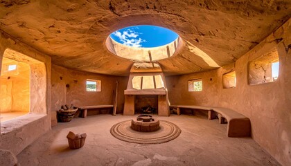 Circular adobe room with fire pit and dome skylight.