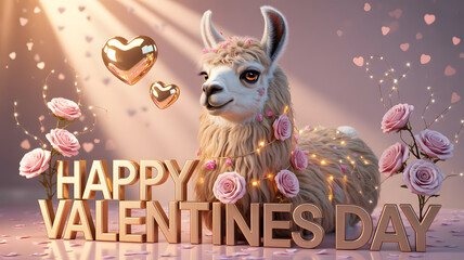 Valentine's day llama with hearts and flowers