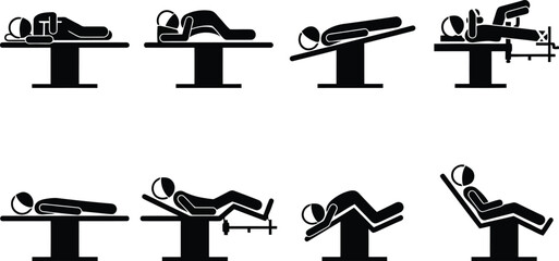 Various stick figures demonstrating different body positions on benches for exercise, therapy, or examination