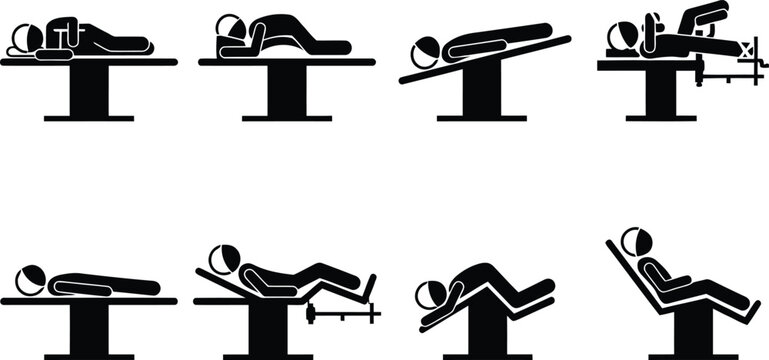 Various stick figures demonstrating different body positions on benches for exercise, therapy, or examination