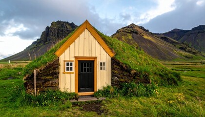 Fototapeta premium Icelandic turf house with orange trim and mountain backdrop.