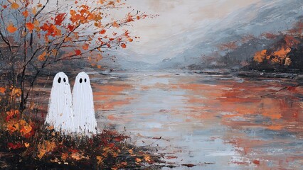 Textured painting of two cute white ghosts by a misty autumn river with orange foliage
