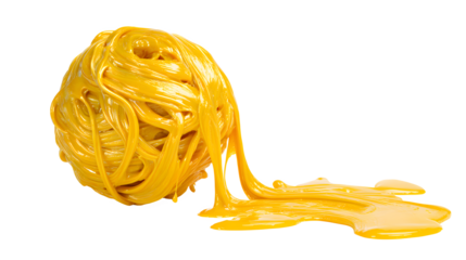 A ball of viscous yellow slime being stretched and pulled apart on a white background with gooey strands flowing downwards with stringy and sticky
