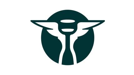 A dark teal abstract symmetrical design of a vessel-like shape, contained within an oval