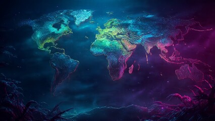 Abstract textured world map glowing with neon blue and magenta colors against a dark background