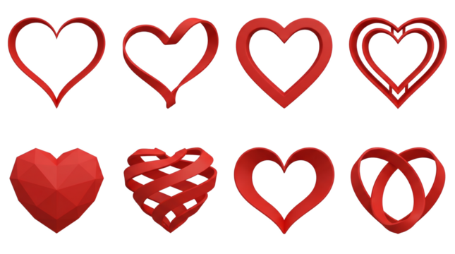 Red heart set including faceted, ribbon, twisted, and geometric styles isolated. Valentines day and romantic love decoration collection. - Powered by Adobe