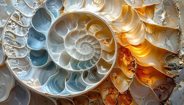Intricate Nautilus Shell Section Displaying Fibonacci Sequence and Golden Ratio.