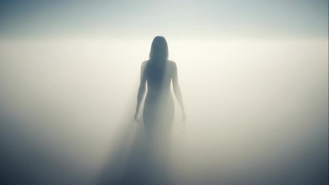Mysterious woman walking alone in dense fog from behind view