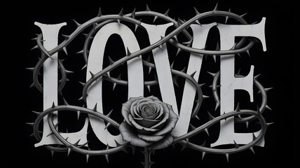 Thorn encrusted 'love' with a rose