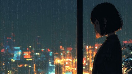 Contemplative woman watching heavy rain fall on the glowing neon city lights at night