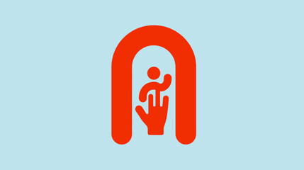 Stylized red abstract human form and archway on a soft blue background, representing welcome or inclusion