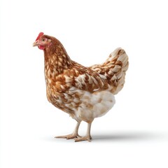 Brown and White Speckled Hen Standing Proudly Against a White Background with Soft Shadows
