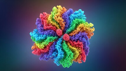 Vibrant multicolored virus particle with textured surface against dark gradient background