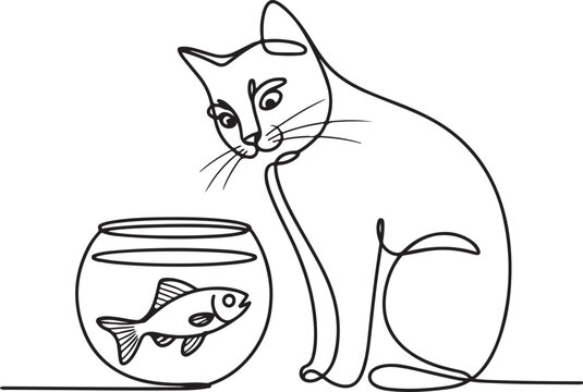 Continuous Line Art Illustration of Cat Staring at Fish in Bowl &mdash; Cute Minimalist Artwork