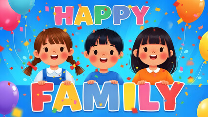 Happy family cartoon illustration with children and balloons