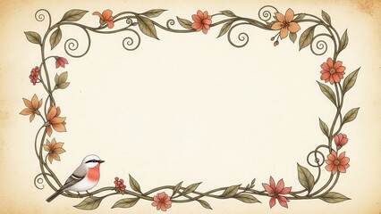 Hand drawn vintage floral vine border frame with a small bird illustration and copy space