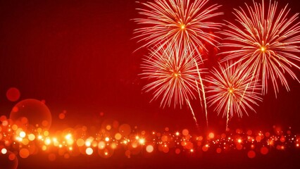 Bright gold fireworks bursting over a vibrant deep red background with festive bokeh lights