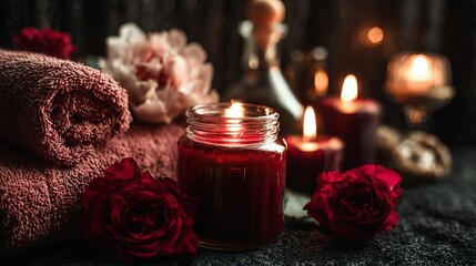Fototapeta premium Vintage Valentine’s Day spa still life with candles and red roses on dark background, romantic luxury relaxation concept, moody studio lighting