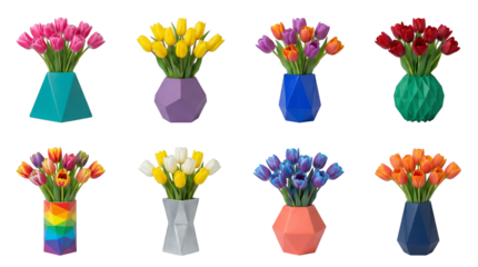 Colorful tulip bouquet set including red, yellow, pink, blue, and purple flowers in modern geometric vases isolated. Spring floral decoration and interior design collection.