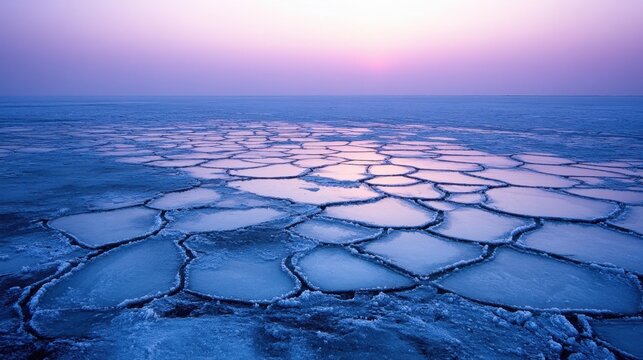 Cracked ice forming a mosaic on a frozen lakebed with a soft purple sky above