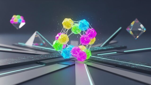 Vibrant molecular structure with colorful atoms and bonds on futuristic metallic surface with neon lights - Powered by Adobe