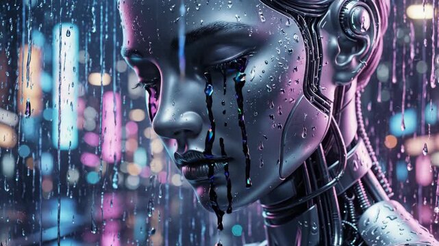 Close up of a Futuristic Cyborg Woman Crying Black Tears in the Rain at Night With Neon City Lights