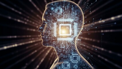 Human head with digital circuit board and glowing microchip in brain futuristic technology concept
