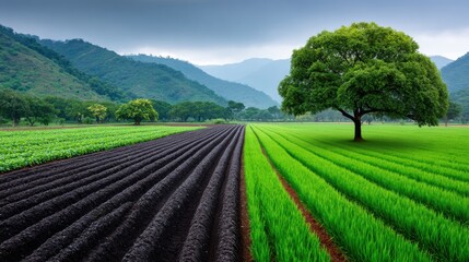 Fields with crops and a single tree under a cloudy sky in a rural landscape