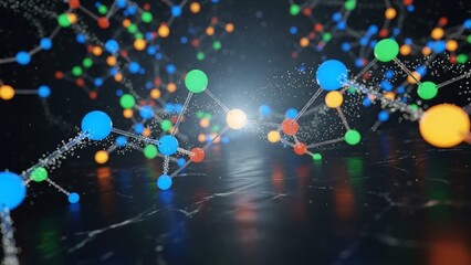 Vibrant molecular structure with colorful nodes and connections on a dark background with bright light