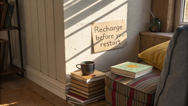Cozy reading nook with coffee and books in sunlight