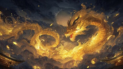 Majestic golden Chinese dragon soaring through dark stormy clouds at night under a full moon