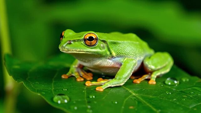 Vibrant green amphibian with striking orange eyes rests on a dew-kissed leaf