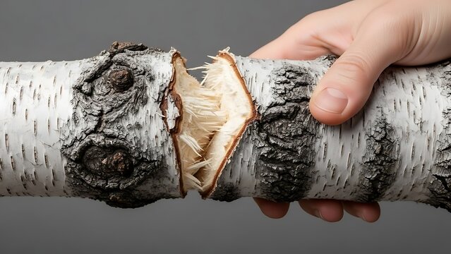 Human Hand Breaking a Birch Tree Branch, Revealing Raw Wood Fibers and Internal Structure