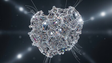 Intricate silver metallic mesh sphere with glowing highlights on dark background with radiant beams