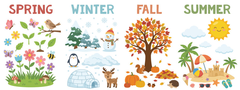Four seasons illustration set. Spring summer fall winter vector icons. Cute educational seasonal elements for kids learning posters and prints.