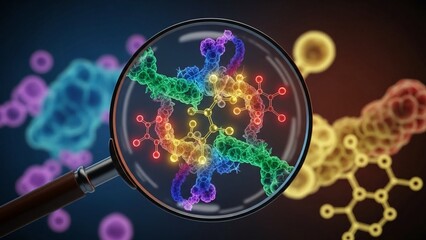 Magnifying glass enlarges colorful dna double helix structure with molecular bonds on dark background with blurred molecules