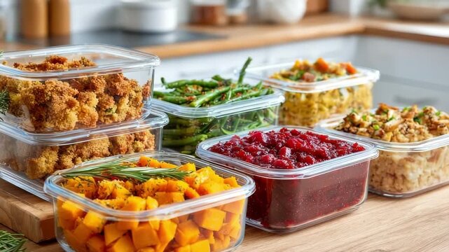 Thanksgiving side dishes in glass containers on gray stone background. Kitchen counter with containers of prepped Thanksgiving dishes. Concept of holiday meal prep and storage